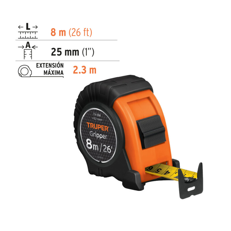 Flexómetro Gripper contra impactos 8 m cinta 25 mm, Truper - Imagen 3